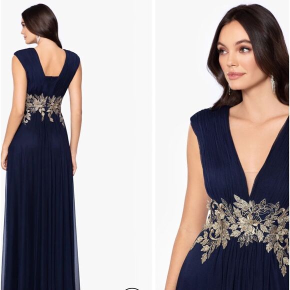 Betsy & Adam A25910 Beaded Floral Embroidered Gown in Navy/Gold size 8 - Picture 1 of 9